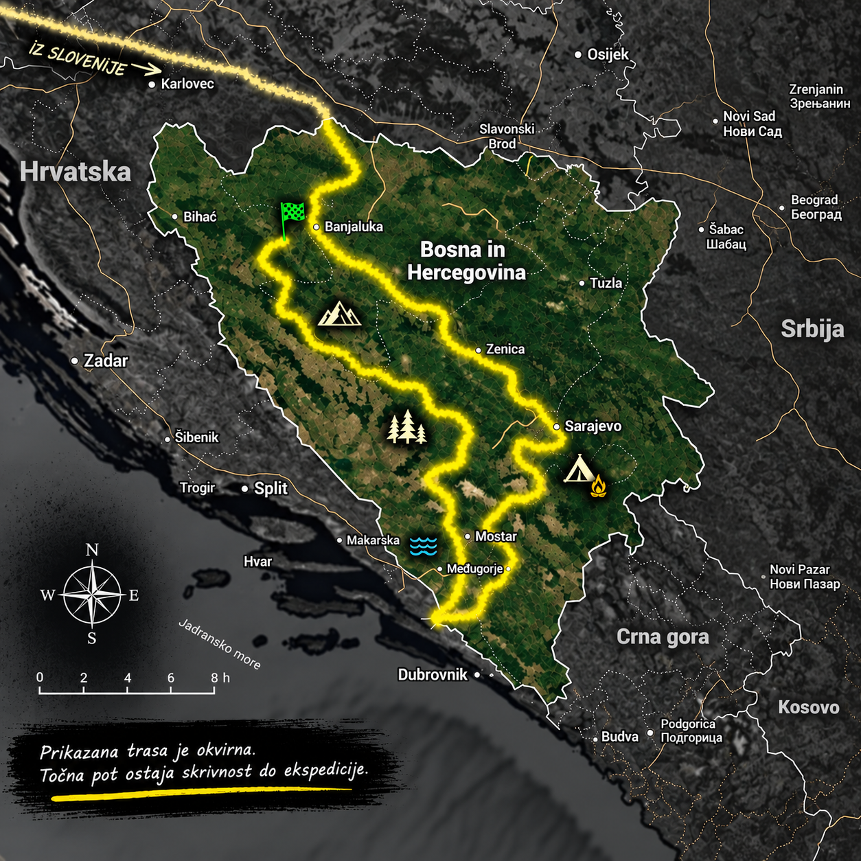 Zemljevid okvirne trase Wild Way Expedition Bosna 2027